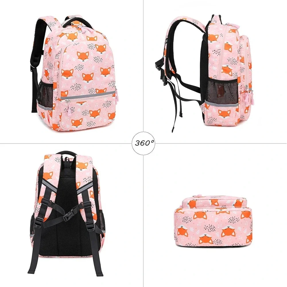 Girls Fox Pink Backpack‎ with Insulated Lunch Bag & Pencil Bag, Reflective NEW